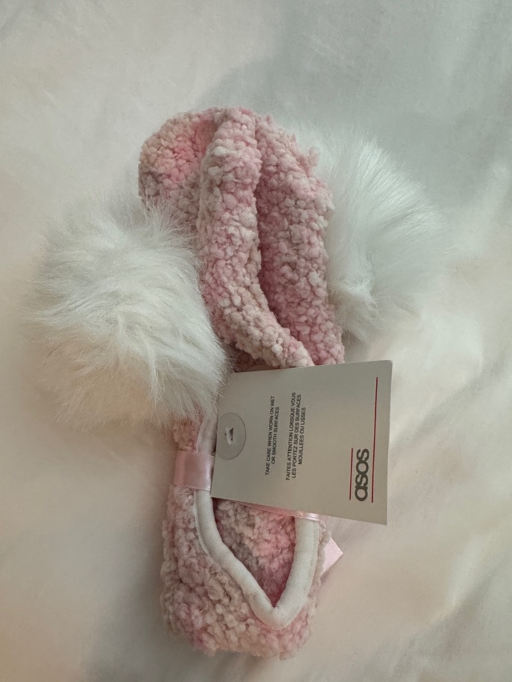 ASOS Light Pink Faux Fur Pom footies with White Poms